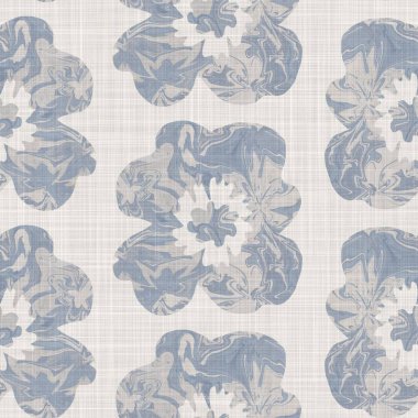 Kusursuz Fransız kumaşı, çiçekli kumaş kaplama. Provence mavi gri keten desenli doku. Eski püskü, şık, bulanık bir arka plan. Her yerde tekstil kırsalı var.