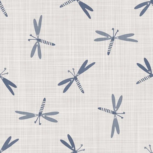 Seamless french farmhouse linen butterfly fabric background. Provence blue gray pattern texture. Shabby chic style woven background. Textile rustic scandi all over print effect. Watercolor paint motif — Stock Photo, Image