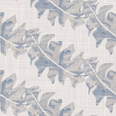 Kusursuz Fransız kumaşı baskılı yeşillik arka planı. Provence mavi gri keten desenli doku. Eski püskü, şık, bulanık bir arka plan. Her yerde tekstil kırsalı var.