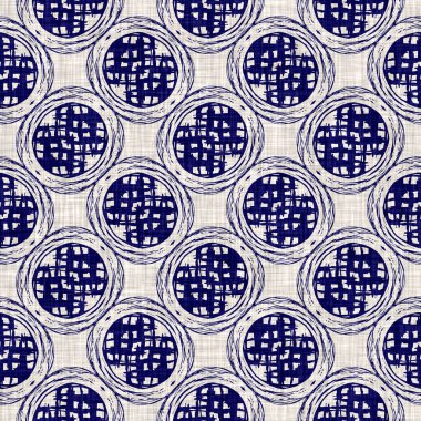 Kusursuz çivit çember dokusu. Mavi örülmüş boro pamuk boyalı efekt arka planı. Japonya Batik direncini tekrarlıyor. Her yerde Asya yıldızları var.