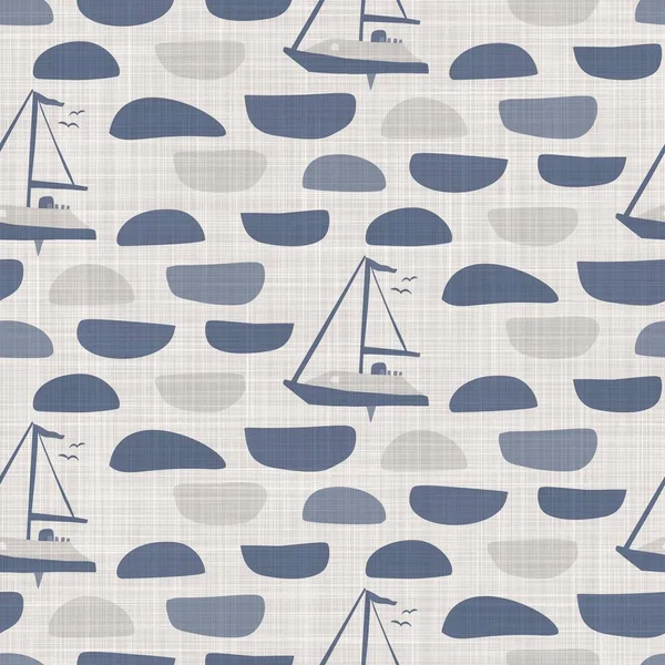 Seamless french farmhouse boat linen printed fabric background. Provence blue gray pattern texture. Shabby chic style woven background. Textile rustic scandi all over print effect. — Stock Photo, Image