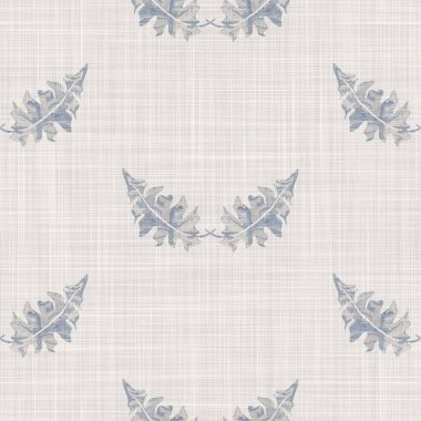 Kusursuz Fransız kumaşı baskılı yeşillik arka planı. Provence mavi gri keten desenli doku. Eski püskü, şık, bulanık bir arka plan. Her yerde tekstil kırsalı var.