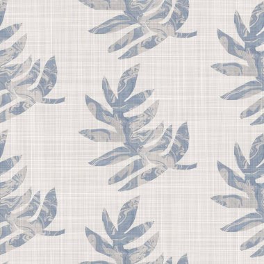 Kusursuz Fransız kumaşı baskılı yeşillik arka planı. Provence mavi gri keten desenli doku. Eski püskü, şık, bulanık bir arka plan. Her yerde tekstil kırsalı var.