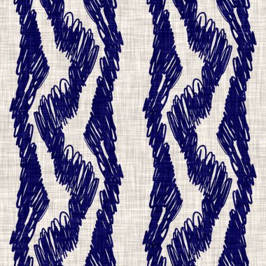 Kusursuz çivit desenli. Mavi örülmüş boro keten pamuk boyalı efekt arka planı. Japonlar batik direncini tekrarlıyor. Tekstil izlerinin her yerinde Asya çizgileri var..