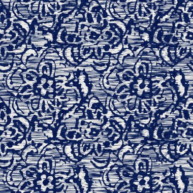 İndigo boyalı kumaş desenli çiçek deseni. Kusursuz tekstil kumaş boyası baskıya dayanıklıdır. Japon kimono bloğu baskısı. Yüksek çözünürlüklü batik etkisi tekrarlanabilir kumaş parçası. 