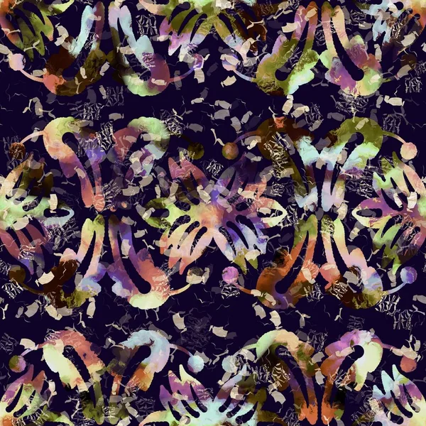 Exotische veelkleurige boho bloemen camouflage scatter print. Naadloze herfst donkere grond gedetailleerde herhaling patroon. — Stockfoto