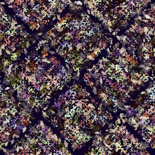 Impressão de dispersão de camuflagem geométrica boho multicolorido exótico. Padrão de repetição detalhado sem emenda do solo escuro outonal. — Fotografia de Stock