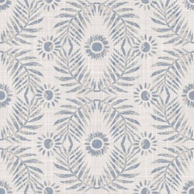 Kusursuz Fransız kumaşı baskılı yeşillik arka planı. Provence mavi gri keten desenli doku. Eski püskü, şık, bulanık bir arka plan. Her yerde tekstil kırsalı var.