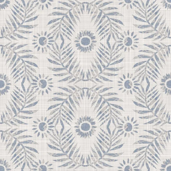 Kusursuz Fransız kumaşı baskılı yeşillik arka planı. Provence mavi gri keten desenli doku. Eski püskü, şık, bulanık bir arka plan. Her yerde tekstil kırsalı var.
