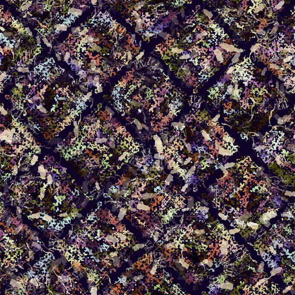 Exotische veelkleurige boho geometrische camouflage scatter print. Naadloze herfst donkere grond gedetailleerde herhaling patroon. — Stockfoto