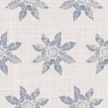 Kusursuz Fransız kumaşı, çiçekli kumaş kaplama. Provence mavi gri keten desenli doku. Eski püskü, şık, bulanık bir arka plan. Her yerde tekstil kırsalı var.