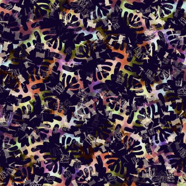 Egzotik renkli boho benekli kamuflaj saçılma izi. Kusursuz sonbahar koyu zemin detaylı tekrarlama deseni.