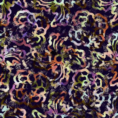 Egzotik renkli boho çiçekli kamuflaj izi. Kusursuz sonbahar koyu zemin detaylı tekrarlama deseni.