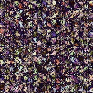 Egzotik renkli boho benekli kamuflaj saçılma izi. Kusursuz sonbahar koyu zemin detaylı tekrarlama deseni.