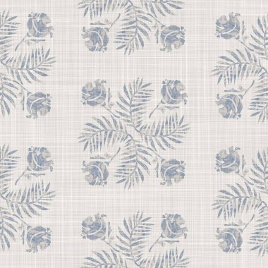 Kusursuz Fransız kumaşı baskılı yeşillik arka planı. Provence mavi gri keten desenli doku. Eski püskü, şık, bulanık bir arka plan. Her yerde tekstil kırsalı var.