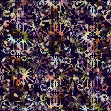 Egzotik renkli boho çiçekli kamuflaj izi. Kusursuz sonbahar koyu zemin detaylı tekrarlama deseni.