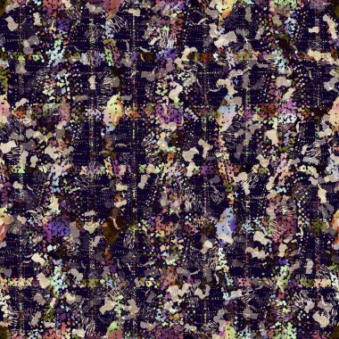 Egzotik renkli boho benekli kamuflaj saçılma izi. Kusursuz sonbahar koyu zemin detaylı tekrarlama deseni.