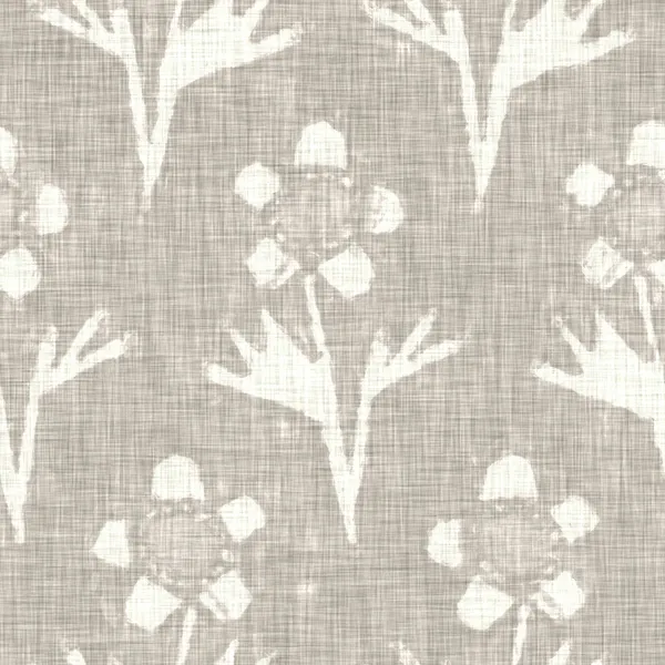 Hand drawn grey flower motif linen texture. Whimsical garden seamless pattern. Modern spring doodle floral nature textile for home decor. Botanical scandi style rustic eco ecru all over print — Stock Photo, Image