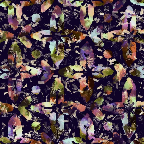 Exotische veelkleurige boho geometrische camouflage scatter print. Naadloze herfst donkere grond gedetailleerde herhaling patroon. — Stockfoto