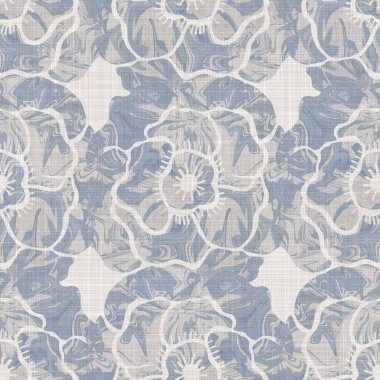 Kusursuz Fransız kumaşı, çiçekli kumaş kaplama. Provence mavi gri keten desenli doku. Eski püskü, şık, bulanık bir arka plan. Her yerde tekstil kırsalı var.