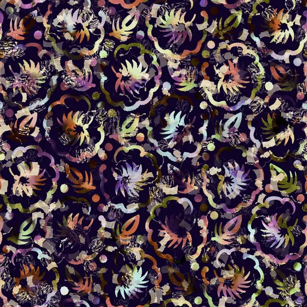 エキゾチックな多色のbohoの花迷彩散布プリント。シームレスな秋の暗い地面詳細な繰り返しパターン. — ストック写真