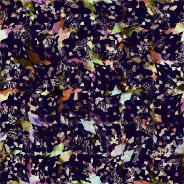 Egzotik renkli boho benekli kamuflaj saçılma izi. Kusursuz sonbahar koyu zemin detaylı tekrarlama deseni.