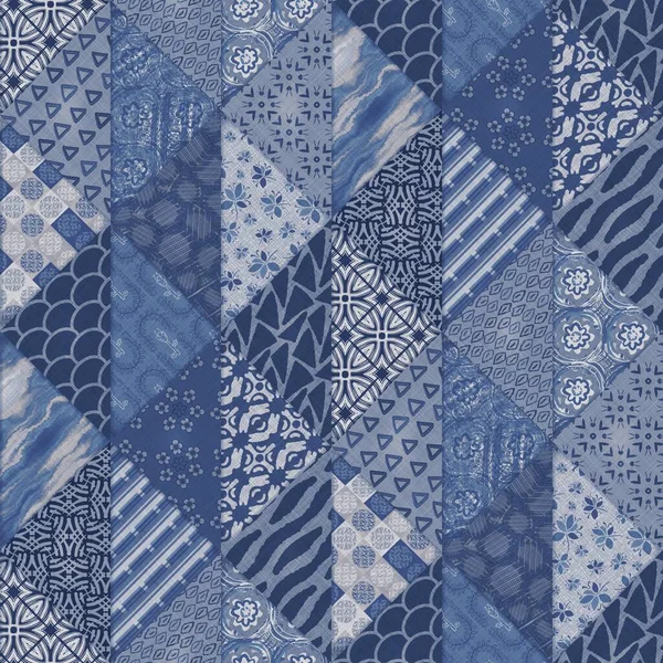 Denim western blue patchwork triangle woven texture. Indigo vintage wash printed cotton textile effect. Patched jean home decor background. Boho bandana quilt stitch allover fabric print material. — Stock Photo, Image