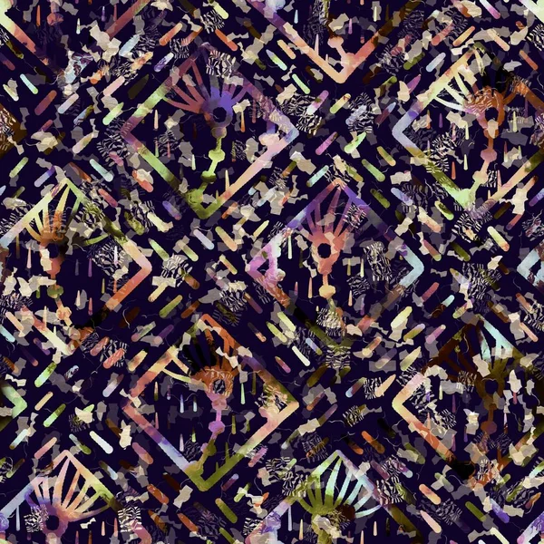 エキゾチックな多色のboho幾何学的な迷彩散布図。シームレスな秋の暗い地面詳細な繰り返しパターン. — ストック写真