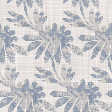 Kusursuz Fransız kumaşı, çiçekli kumaş kaplama. Provence mavi gri keten desenli doku. Eski püskü, şık, bulanık bir arka plan. Her yerde tekstil kırsalı var.