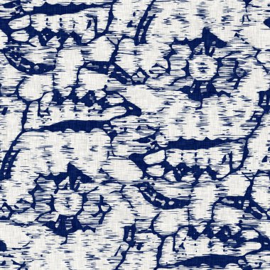 İndigo boyalı kumaş desenli çiçek deseni. Kusursuz tekstil kumaş boyası baskıya dayanıklıdır. Japon kimono bloğu baskısı. Yüksek çözünürlüklü batik etkisi tekrarlanabilir kumaş parçası. 