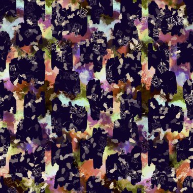 Egzotik renkli boho benekli kamuflaj saçılma izi. Kusursuz sonbahar koyu zemin detaylı tekrarlama deseni.