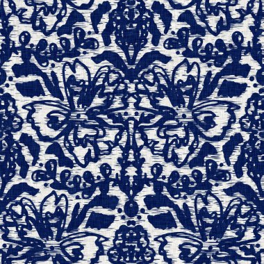 İndigo boyalı kumaş desenli çiçek deseni. Kusursuz tekstil kumaş boyası baskıya dayanıklıdır. Japon kimono bloğu baskısı. Yüksek çözünürlüklü batik etkisi tekrarlanabilir kumaş parçası. 