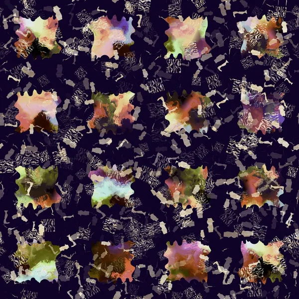 Exotische veelkleurige boho geometrische camouflage scatter print. Naadloze herfst donkere grond gedetailleerde herhaling patroon. — Stockfoto