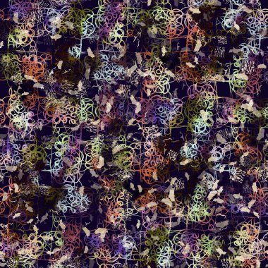 Egzotik renkli boho benekli kamuflaj saçılma izi. Kusursuz sonbahar koyu zemin detaylı tekrarlama deseni.