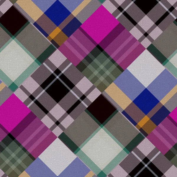 Padrão de algodão xadrez madras diagonais patchwork. Tecido de colcha sem costura efeito de linho verificar fundo. — Fotografia de Stock