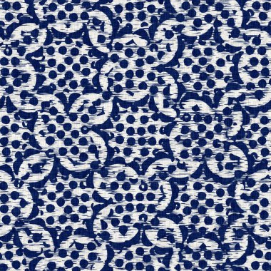 İndigo boyalı kumaş desenli çiçek deseni. Kusursuz tekstil kumaş boyası baskıya dayanıklıdır. Japon kimono bloğu baskısı. Yüksek çözünürlüklü batik etkisi tekrarlanabilir kumaş parçası. 