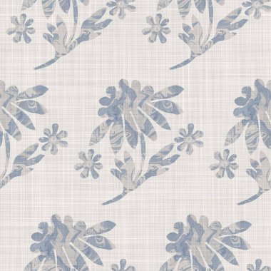 Kusursuz Fransız kumaşı, çiçekli kumaş kaplama. Provence mavi gri keten desenli doku. Eski püskü, şık, bulanık bir arka plan. Her yerde tekstil kırsalı var.