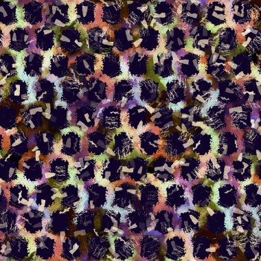 Egzotik renkli boho benekli kamuflaj saçılma izi. Kusursuz sonbahar koyu zemin detaylı tekrarlama deseni.