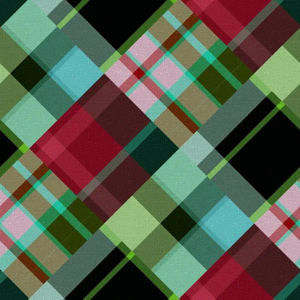 Diagonal madras patchwork plaid 면화 패턴. 실 이 없는 퀼팅 섬유 효과 리넨 백지 확인. — 스톡 사진