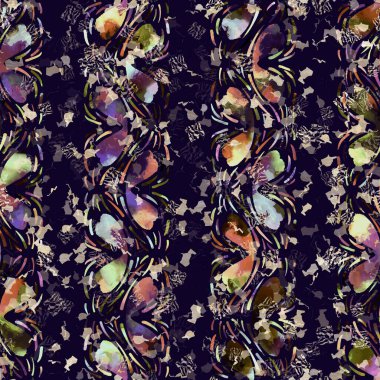 Egzotik renkli boho çizgili çizgi izi. Kusursuz sonbahar karanlık zemini detaylı tekrarlama kalıbı. Zarif doğrusal suluboya aralıklı boyalı. Yumuşak döşeme kumaşı veya kış modası tekstili.