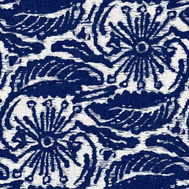 İndigo boyalı kumaş desenli çiçek deseni. Kusursuz tekstil kumaş boyası baskıya dayanıklıdır. Japon kimono bloğu baskısı. Yüksek çözünürlüklü batik etkisi tekrarlanabilir kumaş parçası. 