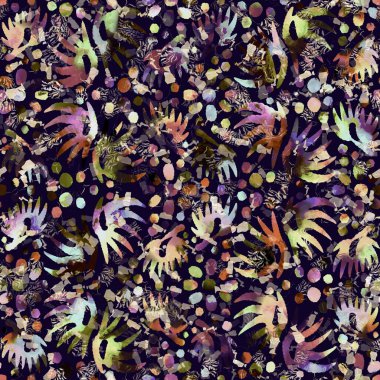 Egzotik renkli boho benekli kamuflaj saçılma izi. Kusursuz sonbahar koyu zemin detaylı tekrarlama deseni.