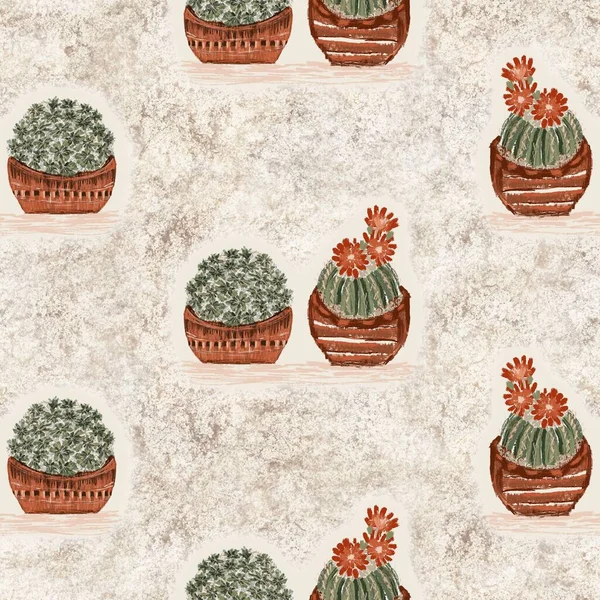 Western cactus on sand texture seamless raster pattern. Organic desert succulent plant for tileable bohemian illustration backdrop. — Stock Photo, Image