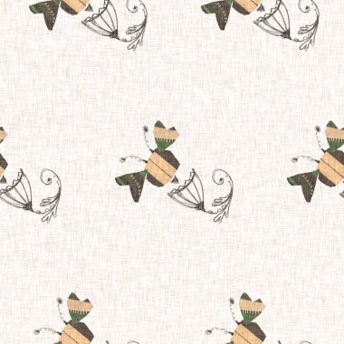 Kağıt kolajı tuhaf böcek keten deseni. El kesimi saf, dikişsiz Scandi stili. Modern cinsiyet tarafsız çiftlik kelebeği motifi. Modern stilize edilmiş hayvan çocuk dekorasyonu.. 