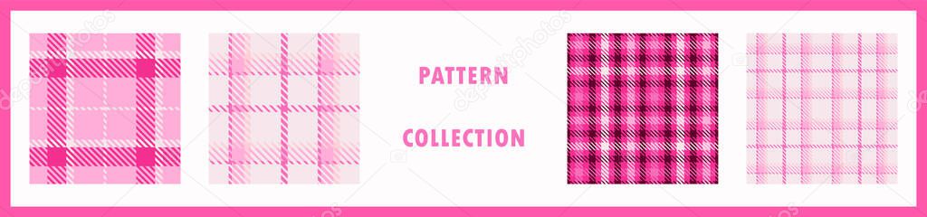 Girly pink seamless plaid vector pattern collection. Gingham bright color checker background set. Woven tweed all over print