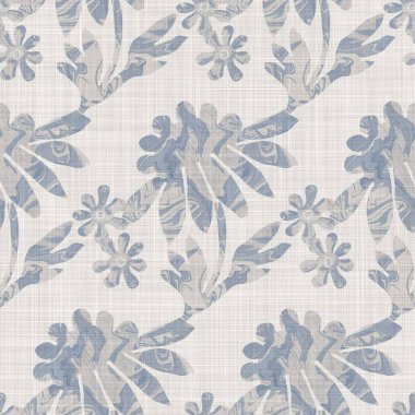 Kusursuz Fransız kumaşı, çiçekli kumaş kaplama. Provence mavi gri keten desenli doku. Eski püskü, şık, bulanık bir arka plan. Her yerde tekstil kırsalı var.