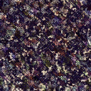 Egzotik renkli boho benekli kamuflaj saçılma izi. Kusursuz sonbahar koyu zemin detaylı tekrarlama deseni.