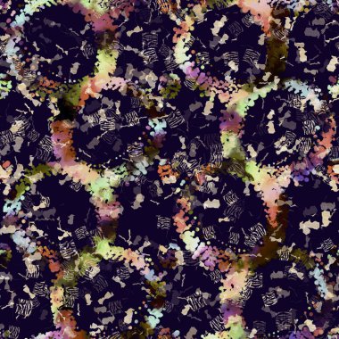 Egzotik renkli boho benekli kamuflaj saçılma izi. Kusursuz sonbahar koyu zemin detaylı tekrarlama deseni.