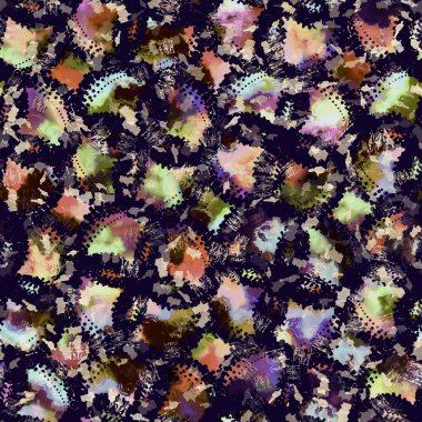 Egzotik renkli boho benekli kamuflaj saçılma izi. Kusursuz sonbahar koyu zemin detaylı tekrarlama deseni.