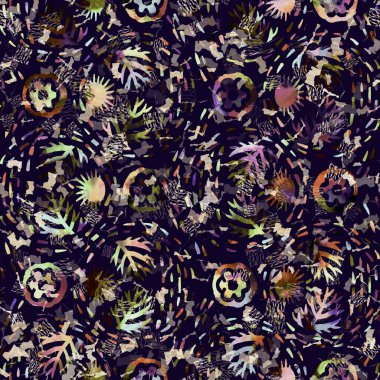 Egzotik renkli boho çiçekli kamuflaj izi. Kusursuz sonbahar koyu zemin detaylı tekrarlama deseni.